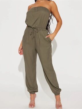 Mudd Strapless Olive Green Drawstring Jumpsuit with Pockets
